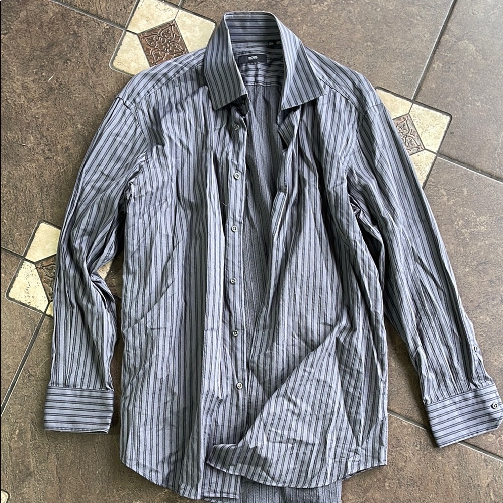 Hugo Boss Gray Casual Button Down Shirt with Classic Stripes